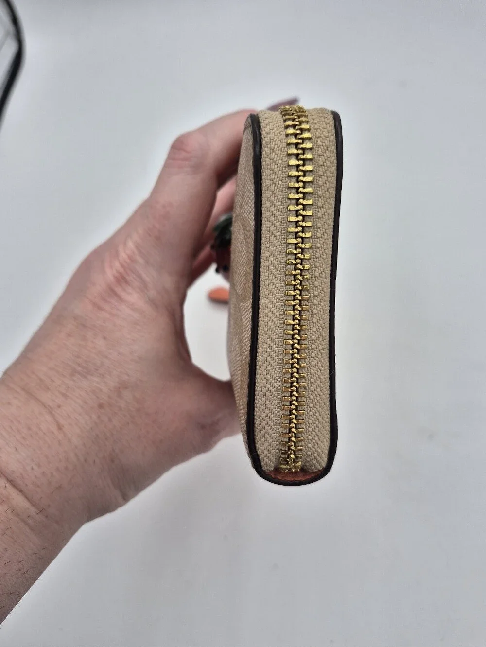 Coach Tan Signature Canvas Zip Wallet with Red Strawberry Accent - Picture 3 of 9